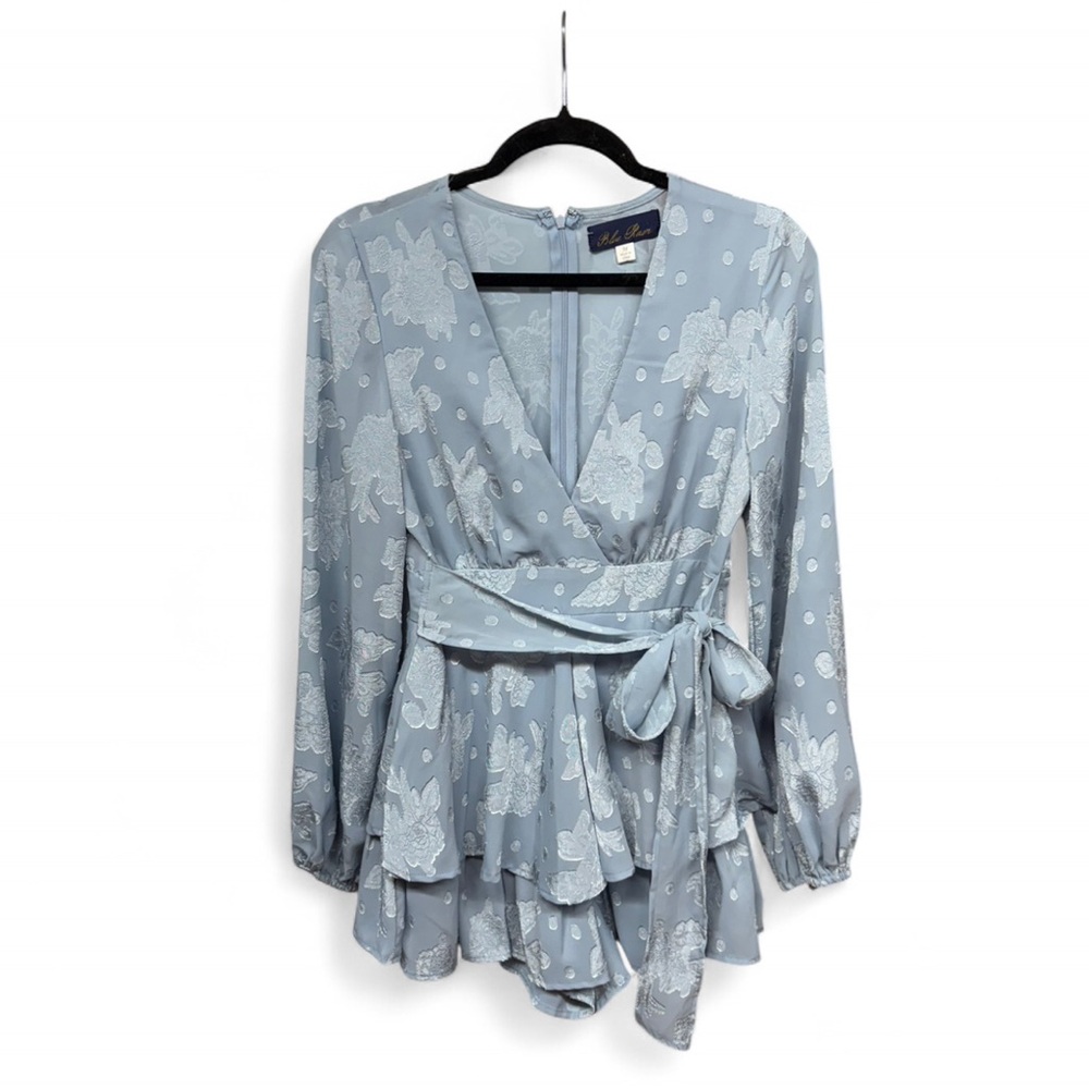 Blue Rain Floral Jacquard Long Sleeve Romper - Dusty Blue - Size Medium - Picture 2 of 10